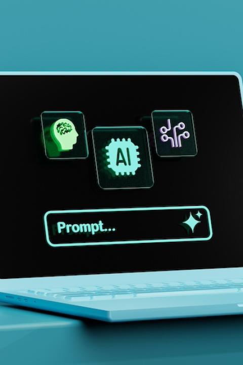 A graphic of a laptop open to an AI chatbot. 