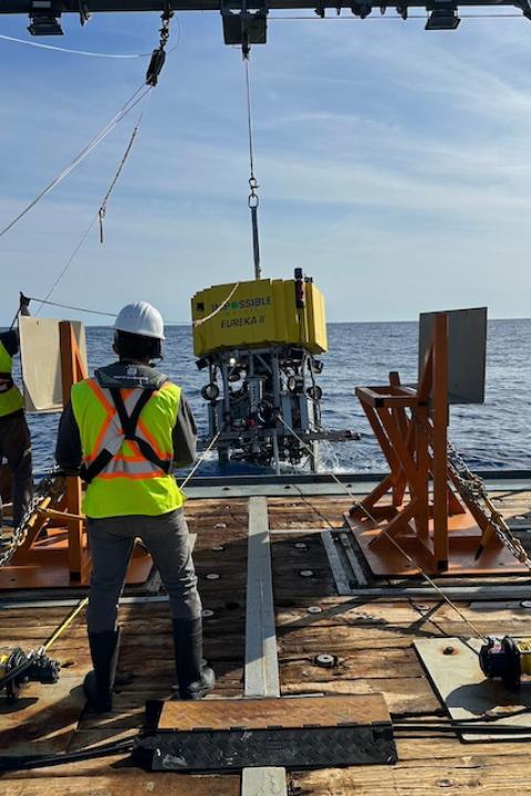 The Impossible Metals team lowers an autonomous vehicle for deep-sea mining into the water for a test with a pulley system.