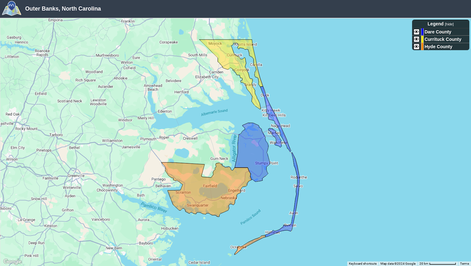 A map of the counties that make up the Outer Banks: Dare, Currituck and Hyde — employee housing