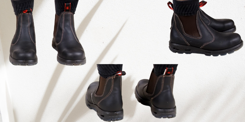Front, back and side angle of these work boots for concrete