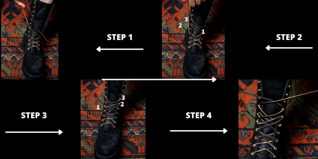 you have to skip the first hook, go onto the second hook or eyelet, come back to the first eyelet, and lastly, go onto the third eyelet. That's all you have to do. The rest of the lace is typically tied or around the ankle